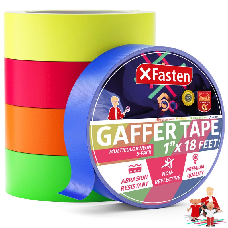 XFasten Multicolor Neon Gaffer Tape, 1-inch x 18-feet Multipurpose Gaffers Tape (5-Pack), UV Backlight Reactive Fluorescent Pro Gaff Tape, Heavy Duty Matte Fluorescent Gaffers Tape - Image 1